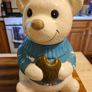 adorable vintage teddy bear with blue sweater read description below.